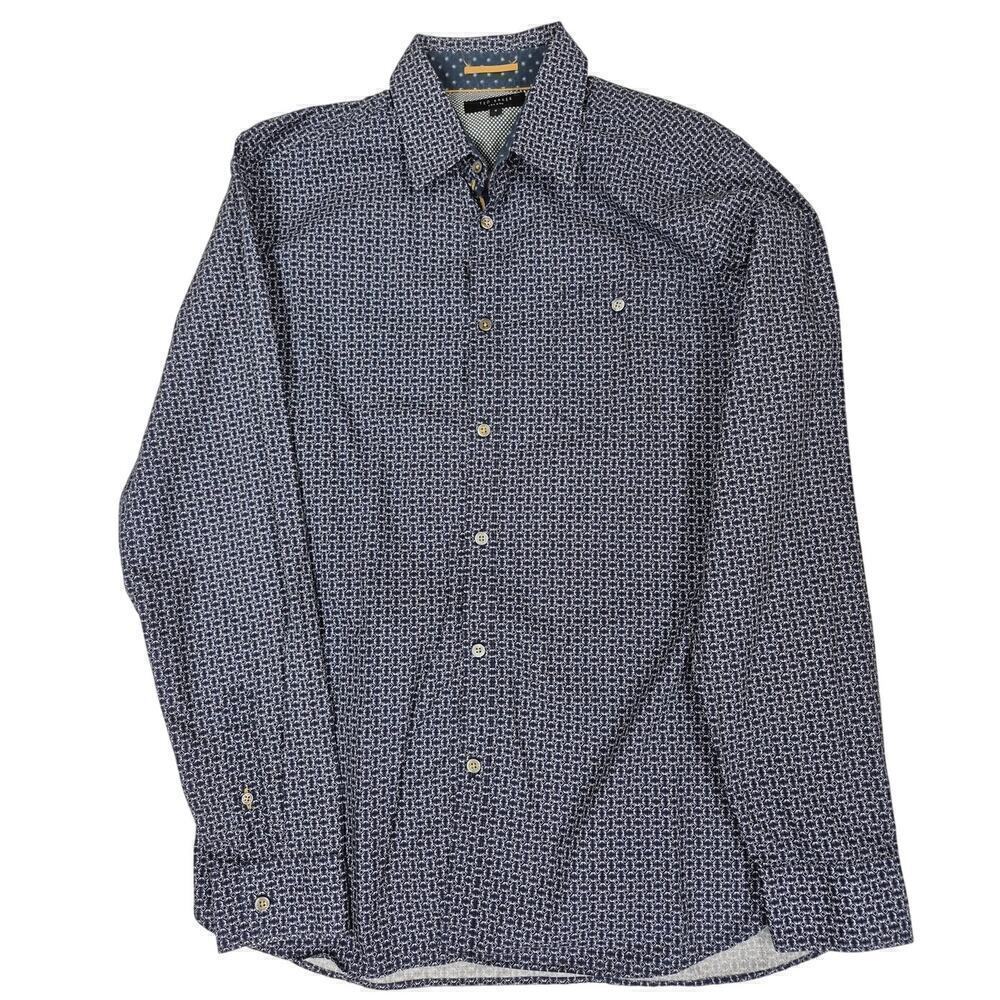 Ted Baker London Sz 4 m/L Navy Blue Calico Men Button Down Shirt Flip Cuff NWOT